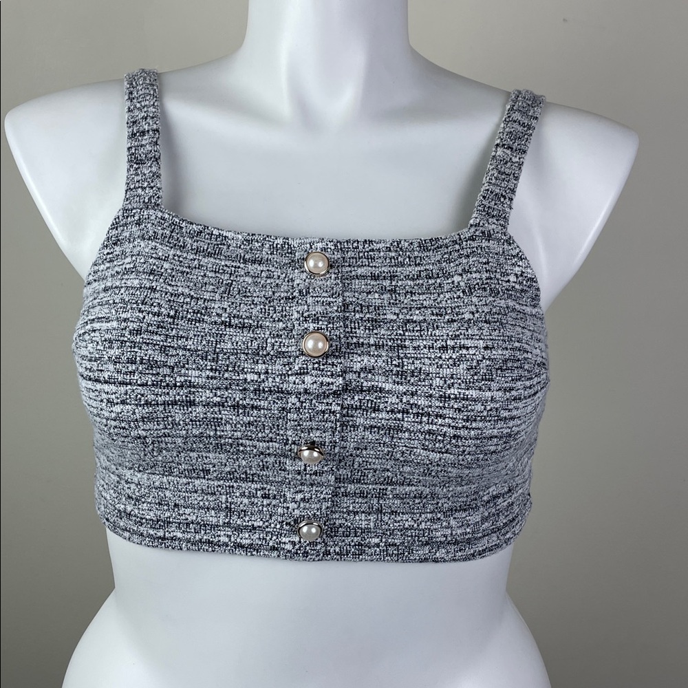 Almost Famous Big Pearl Button Stretch Crop Tank Tweed Smocked
